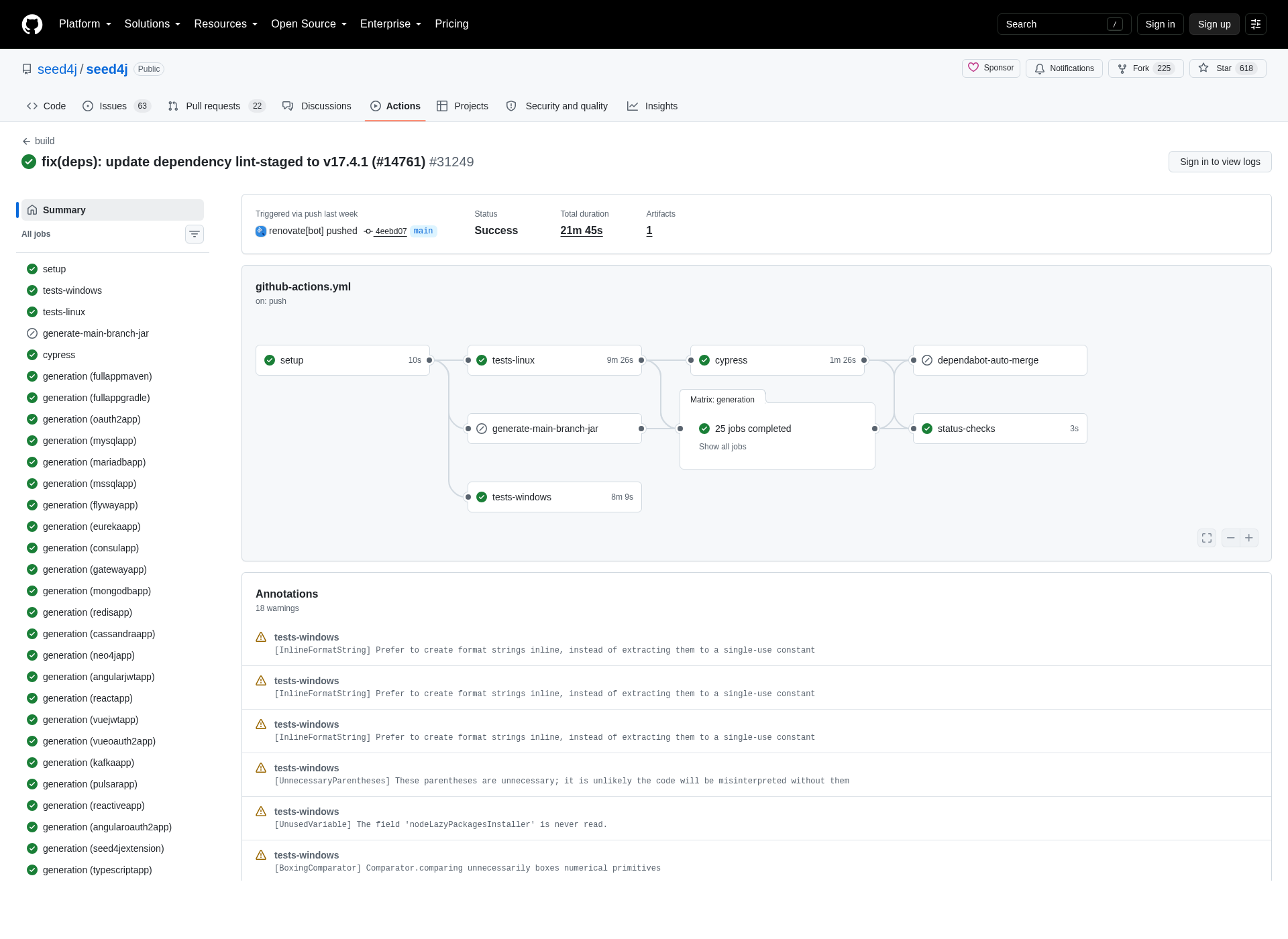 Successful Seed4J GitHub Actions workflow showing 25 completed generation jobs