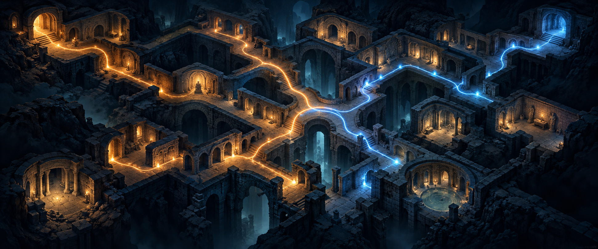 A branching catacomb map with amber and blue paths through the same corridors